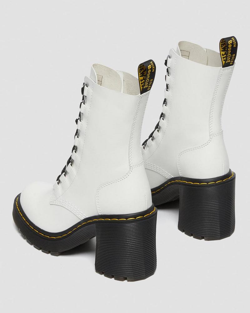 Dr Martens Chesney Lær Flared Heel Støvler Med Hæl Dame Hvite | Norge 633RVD